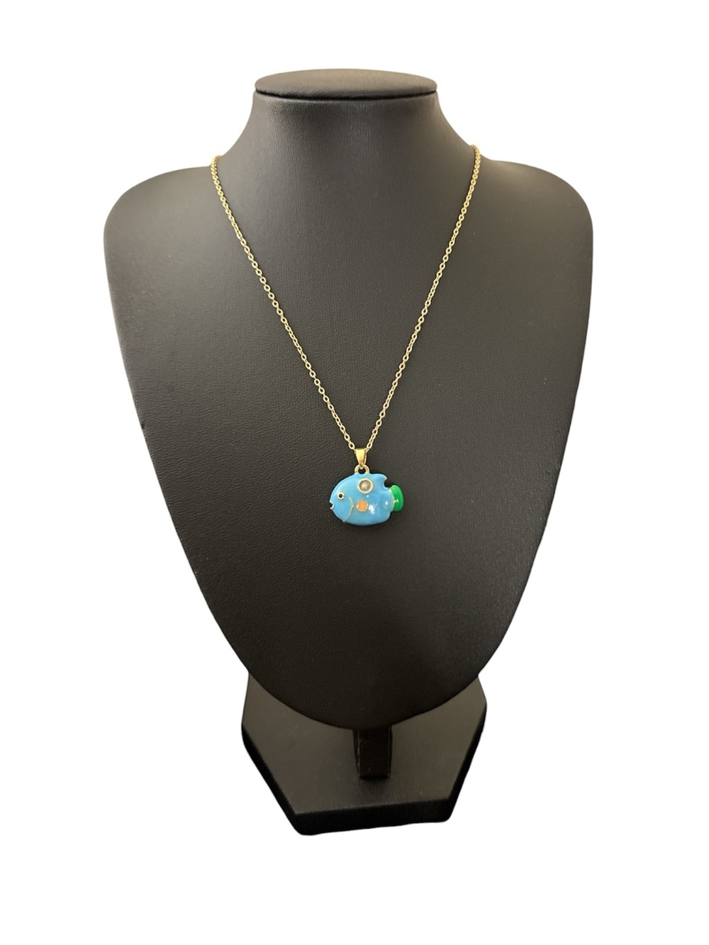 Blue Enamel Fish Pendant Necklace on Gold Plated Stainless Steel Chain New - Picture 2 of 3